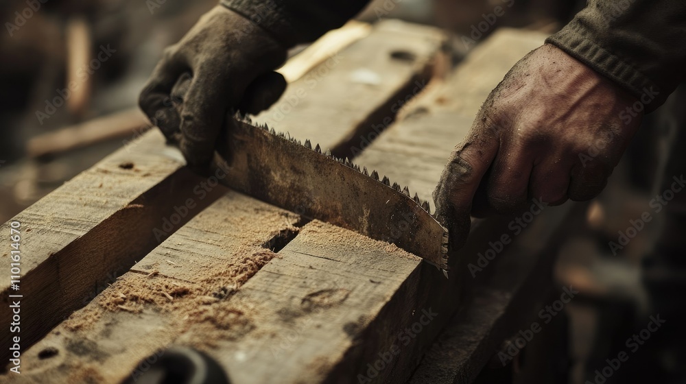 Poster A close-up of a construction worker's hands guiding a sharp saw through lumber, showcasing strength and precision in a rugged construction setting