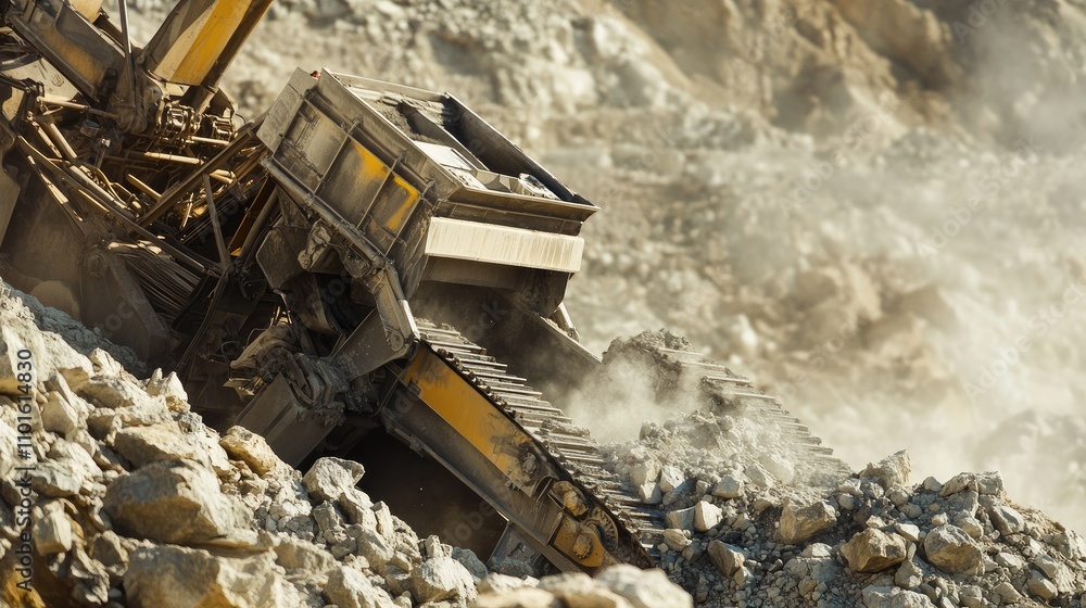 Poster A close-up of a crushing machine in motion, with large chunks of stone being fed into its jaws in an expansive, rocky quarry.
