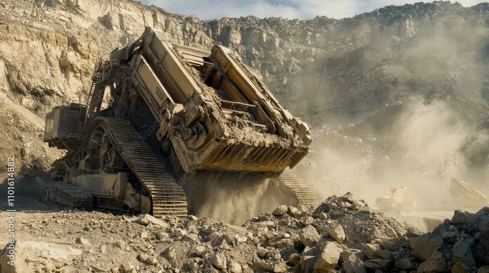 Poster A close-up of a crushing machine in motion, with large chunks of stone being fed into its jaws in an expansive, rocky quarry.