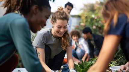 An inspiring photo of a businesswoman leading a community outreach program, with volunteers working together on a project to improve the local area, The atmosphere is positive and community-focused