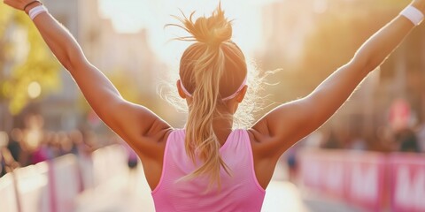 A victorious moment when a female runner crosses the finish line of a marathon with her arms raised in victory, the determination, endurance and triumph of women in sport. International Women's Day