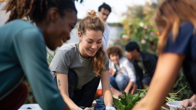 An inspiring photo of a businesswoman leading a community outreach program, with volunteers working together on a project to improve the local area, The atmosphere is positive and community-focused