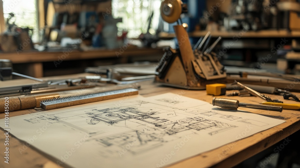 Poster A close-up of an engineer desk, with technical drawings of machinery spread out in a well-organized workshop filled with tools and blueprints.