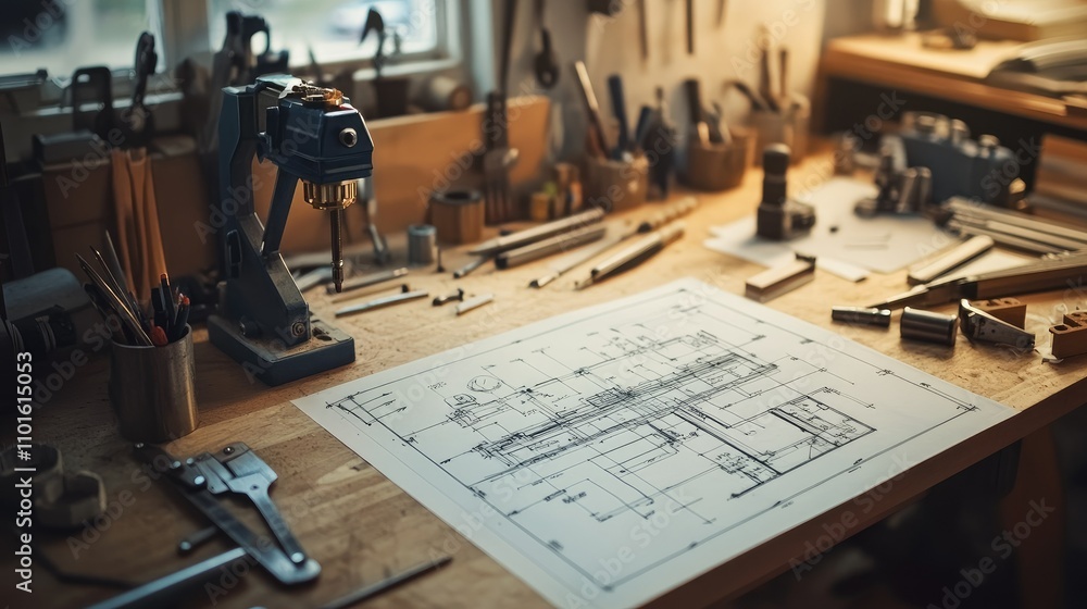 Aufkleber a close-up of an engineer desk, with technical drawings of machinery spread out in a well-organized 