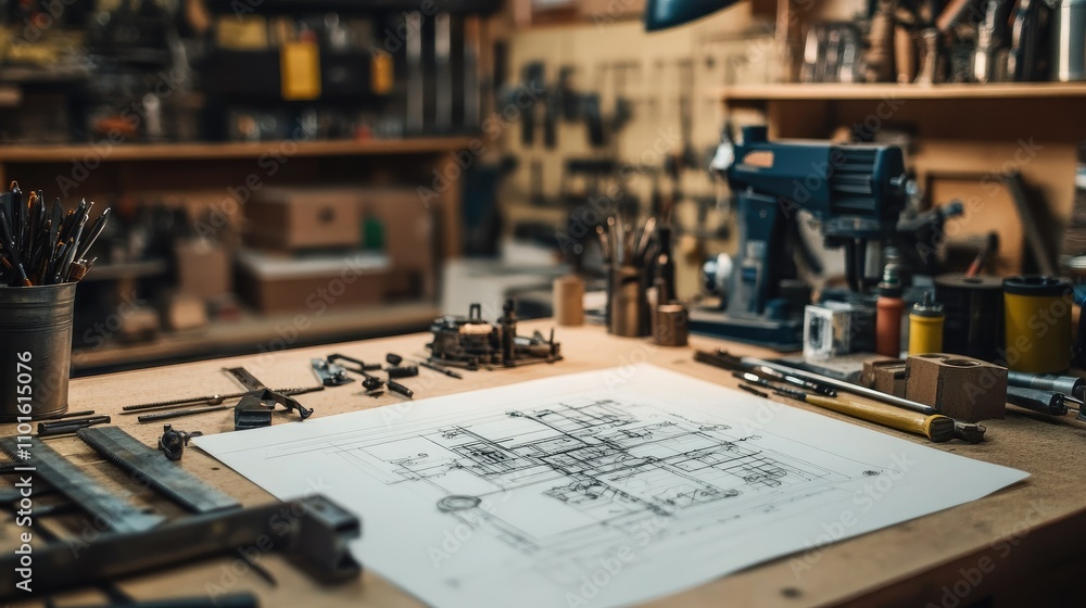 Poster A close-up of an engineer desk, with technical drawings of machinery spread out in a well-organized workshop filled with tools and blueprints.