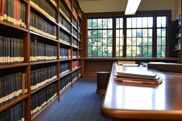 Fototapeta premium side view, books in library, desk with books, high resolution photography 