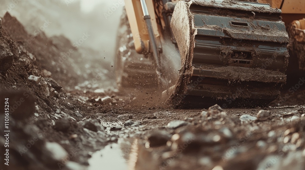 Poster a close-up view of a rugged excavator in action at a construction site, surrounded by dirt and rocks