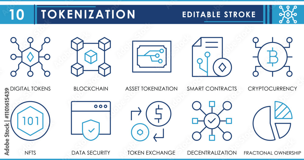 Poster a set of line icons related to tokenization. digital token, blockchain, smart contracts, cryptocurre