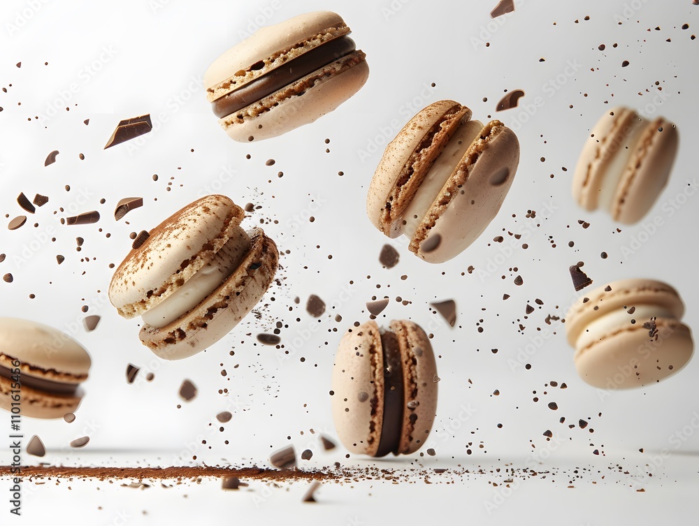 Poster a dynamic display of chocolate macarons surrounded by cocoa and chocolate fragments.