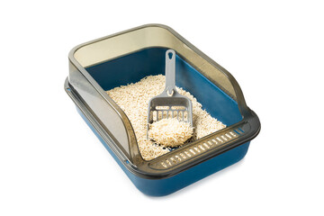 Toilet tray isolated on white background. Toilet for pets. Caring for animals. Cat litter box. The cat is in the toilet.