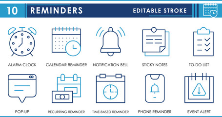 A set of line icons related to Reminders. Alarm, calendar reminder, notification, notes, to-do, pop-up, time based, and so on. Vector editable stroke.