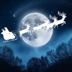 Naklejka premium Santa Claus flying through the night sky in his sleigh, pulled by reindeer, with a full moon behind
