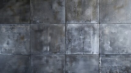 A textured concrete wall featuring a grid of panels with a weathered, industrial appearance.