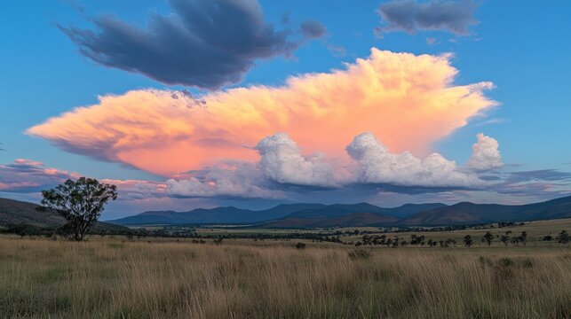 Panoramic view of a vibrant sunset sky with fluffy pink and white clouds above a tranquil landscape of rolling hills and tall grass.