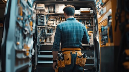 An electrician wearing a tool belt gathers materials from a utility van, stocked with tools and parts for electrical repairs. The organized van setup highlights the preparedness of the professional.