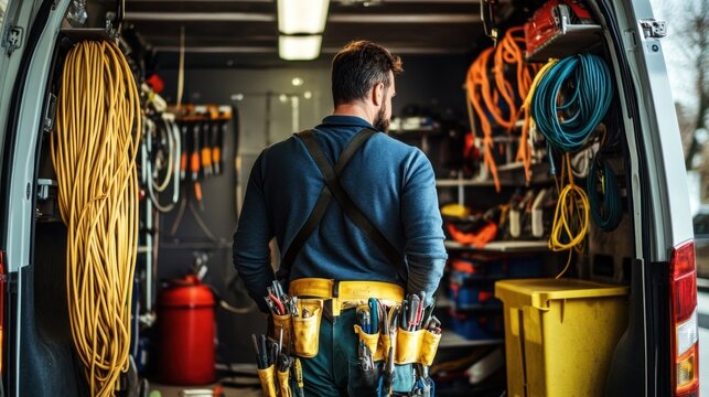 An electrician wearing a tool belt stands inside a utility van, sorting through wires, cables, and tools in preparation for electrical repairs