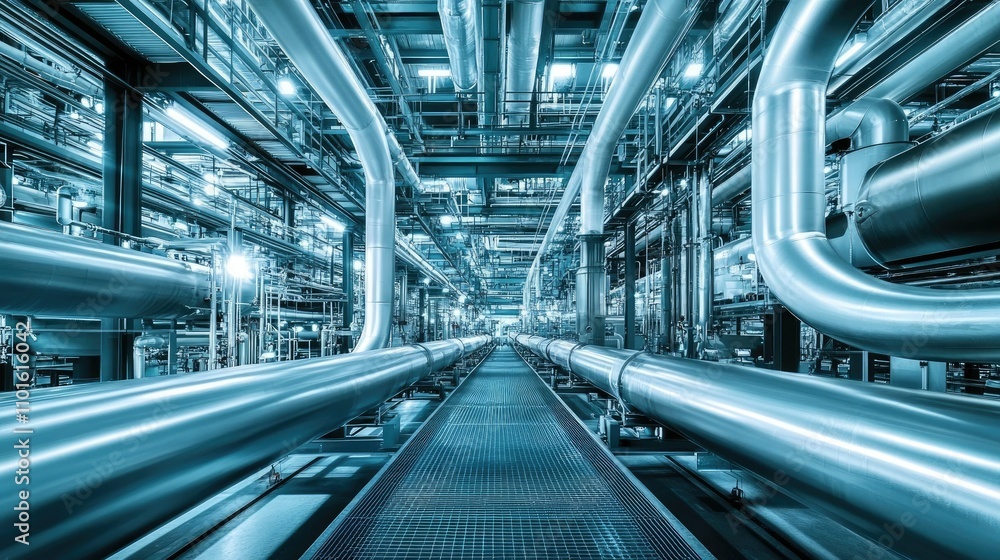 Poster A futuristic factory filled with sleek, complex piping systems that run across the ceiling and walls in a high-tech industrial environment.