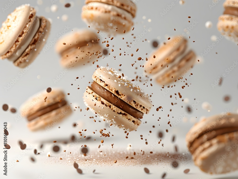 Poster a dynamic display of floating macarons with chocolate filling and decorative sprinkles.