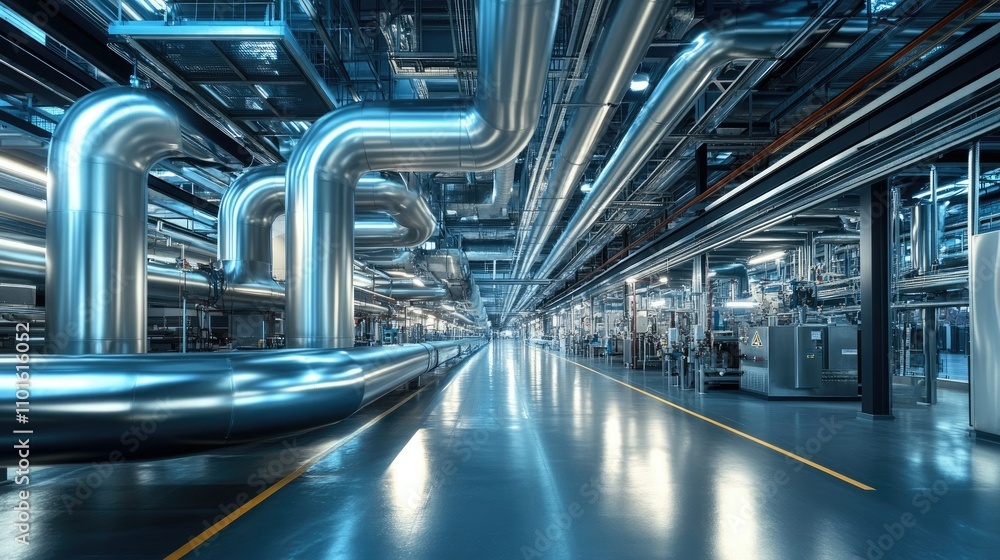 Poster A futuristic factory filled with sleek, complex piping systems that run across the ceiling and walls in a high-tech industrial environment.