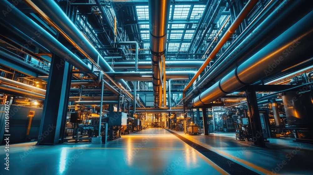 Poster A futuristic factory filled with sleek, complex piping systems that run across the ceiling and walls in a high-tech industrial environment.