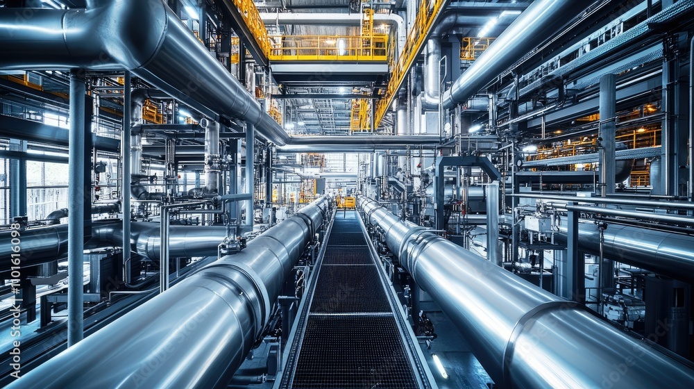 Poster a futuristic factory filled with sleek, complex piping systems that run across the ceiling and walls