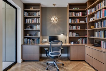 Fototapeta premium Modern Urban Apartment Featuring Space-Saving Bookcase and Comfortable Ergonomic Chair for a Contemporary Library Setup