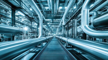 Fototapeta premium A futuristic factory filled with sleek, complex piping systems that run across the ceiling and walls in a high-tech industrial environment.
