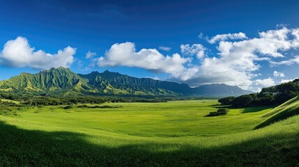 Fototapeta premium Lush green field under a clear blue sky with fluffy clouds, framed by distant mountains creating a stunning natural landscape.