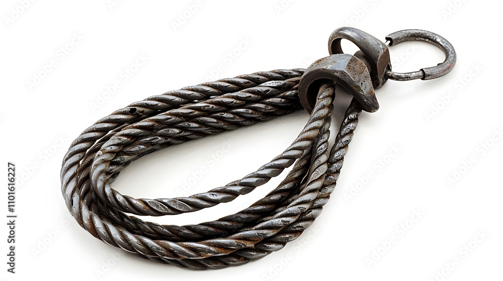 Poster a metal cable with a twisted design and a hook, commonly used in lifting or securing heavy objects.
