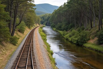 Fototapeta premium Scenic Nature Travel Along Railroad with Forest Trees and River Views