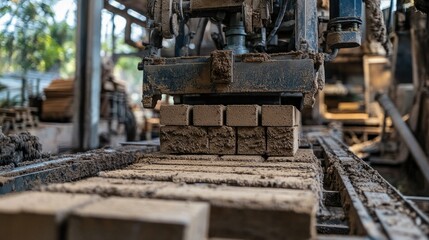 A heavy-duty block-making machine in an outdoor environment, with natural earthy tones and textures reflecting the rugged, industrial nature
