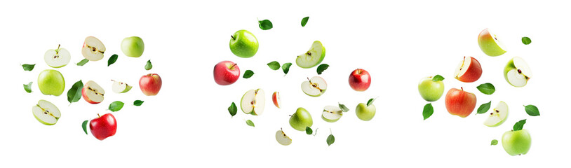 Flying apple fruit with half slices and leaves floating in the air isolated on transparent background