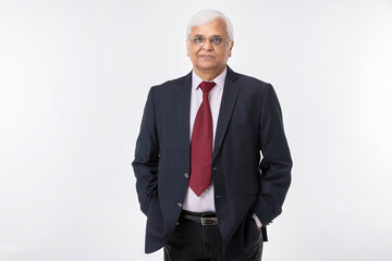 Portrait of confident professional businessman dressed in elegant suit with hands clasped standing against white background
