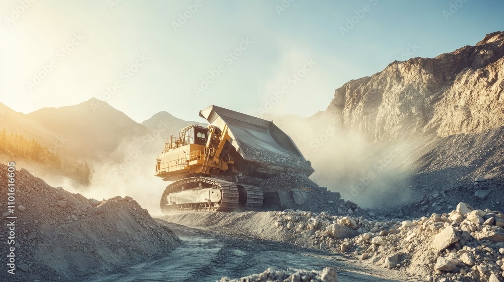 Poster A heavy-duty crushing machine operating in a dusty quarry, surrounded by jagged rocks and steep terrain with a clear sky.
