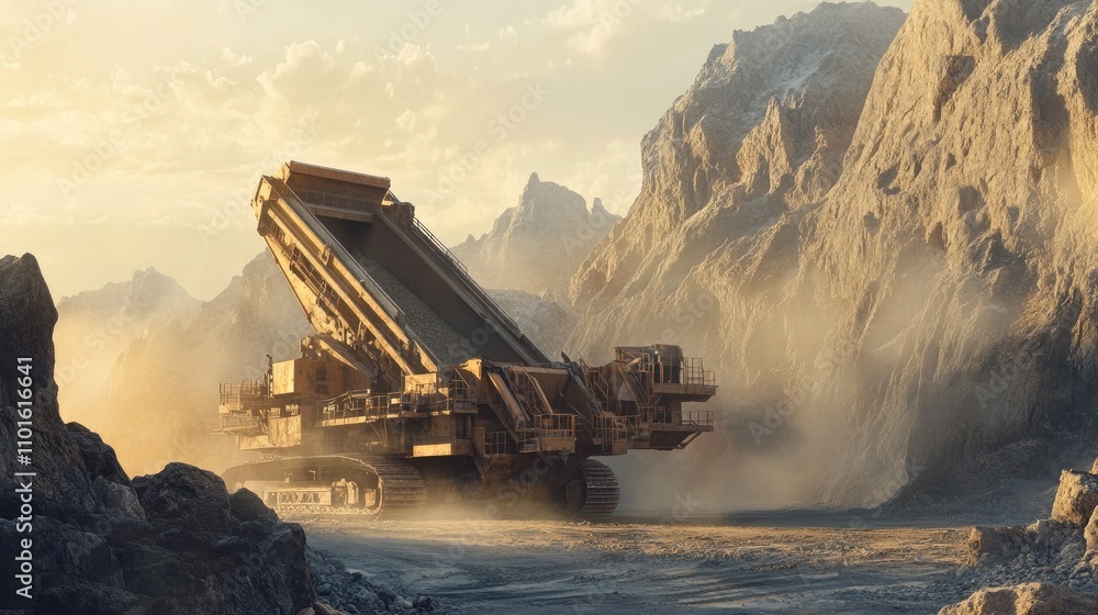 Poster a heavy-duty crushing machine operating in a dusty quarry, surrounded by jagged rocks and steep terr