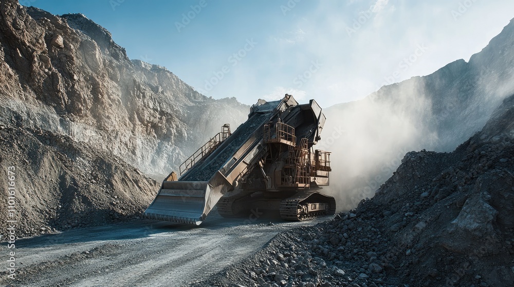Aufkleber a heavy-duty crushing machine operating in a dusty quarry, surrounded by jagged rocks and steep terr