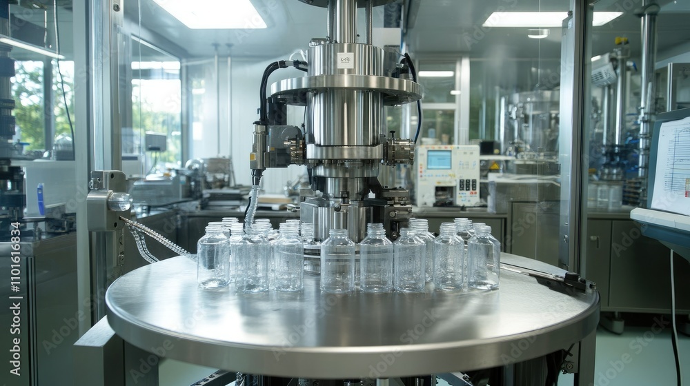 Aufkleber A high-tech automated filling machine in action, filling large bottles with a smooth liquid in a clean and sterile factory environment.