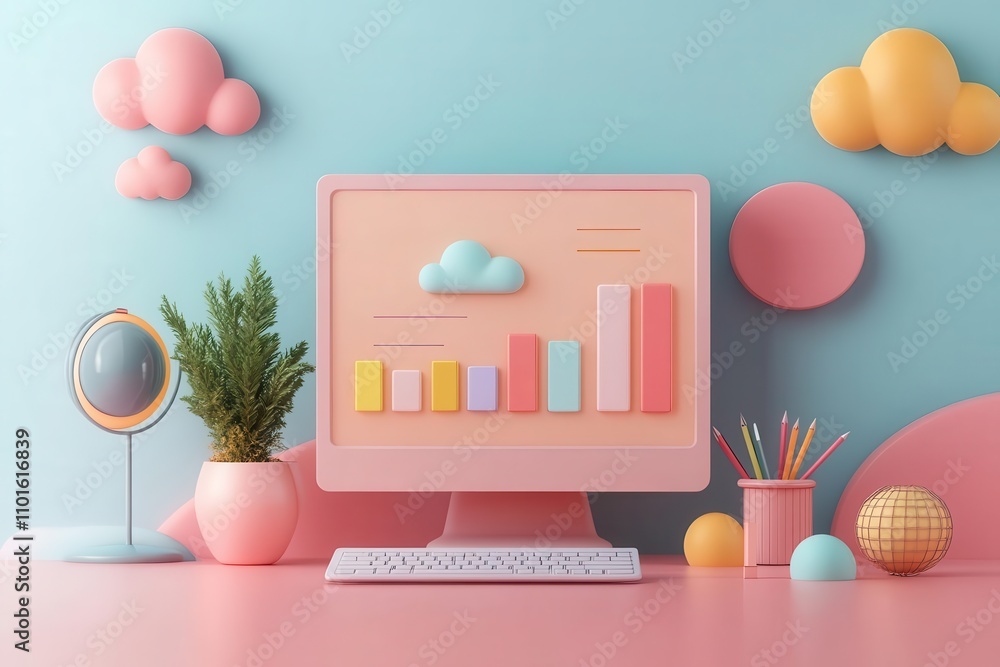 Poster a colorful, modern workspace featuring a pastel computer display with graphs, decorative clouds, and