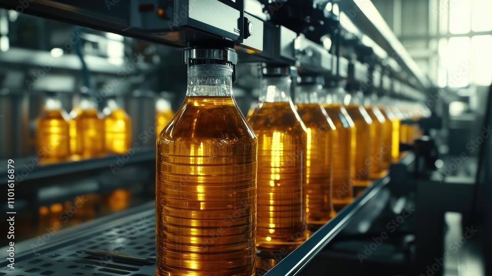 Poster A high-tech automated filling machine in action, filling large bottles with a smooth liquid in a clean and sterile factory environment.
