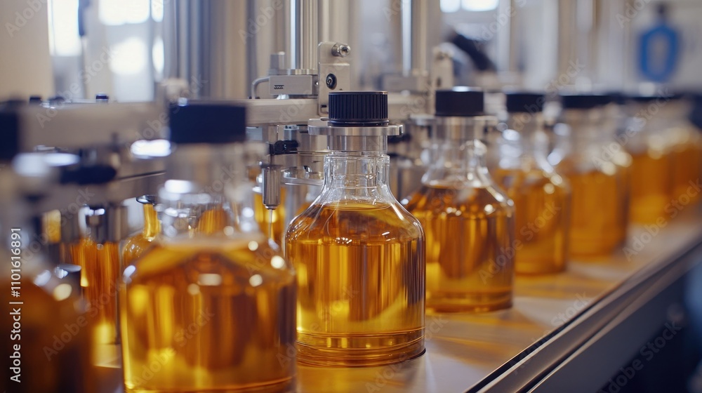 Aufkleber A high-tech automated filling machine in action, filling large bottles with a smooth liquid in a clean and sterile factory environment.