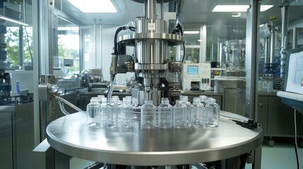 A high-tech automated filling machine in action, filling large bottles with a smooth liquid in a clean and sterile factory environment.