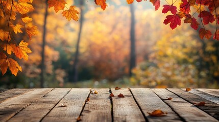 Wooden table in foreground with vibrant autumn maple leaves above, set against a softly blurred background of a colorful fall forest