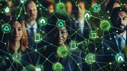 Eco-friendly web network map concept. Diverse group of professionals interconnected by glowing green lines and eco friendly symbols - leaves, trees, recycling icons. Collaboration, global business