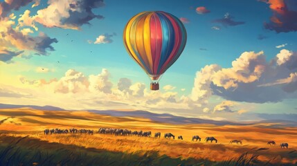 a colorful hot air balloon floating over a vast savannah landscape, with herds of animals visible below