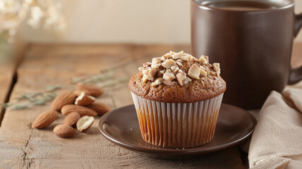 Freshly baked whole grain muffin topped with nuts, served with coffee. warm, inviting scene features rustic wooden table, creating cozy atmosphere perfect for enjoying snack