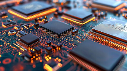 Obraz premium Futuristic circuit board with glowing microchips and intricate patterns, showcasing advanced technology and innovation