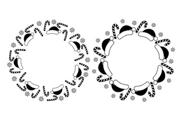 Striped Candy Cane, snowflakes and Santa caps Black and White frame border Copy space Template idea