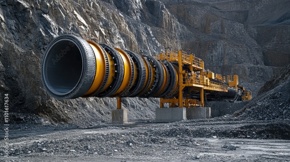 Poster a large screw feeder positioned on a mining site, moving materials through a gritty, earthy environm