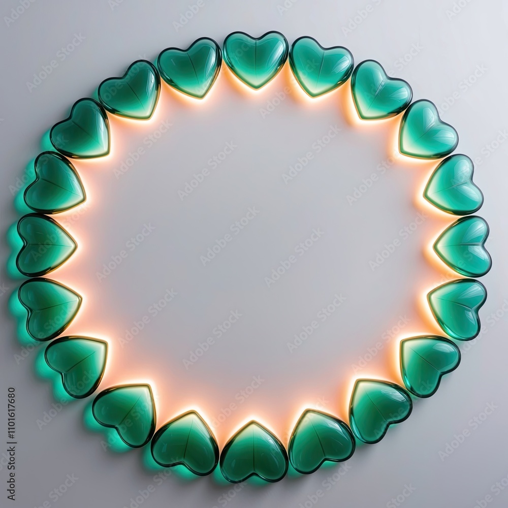 Poster green heart-shaped containers in circle with soft glow ideal for valentine's day or romantic events 