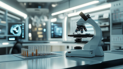 High-tech laboratory with a microscope, test tubes, and futuristic equipment, illuminated by vibrant blue and orange lights, showcasing scientific innovation and research